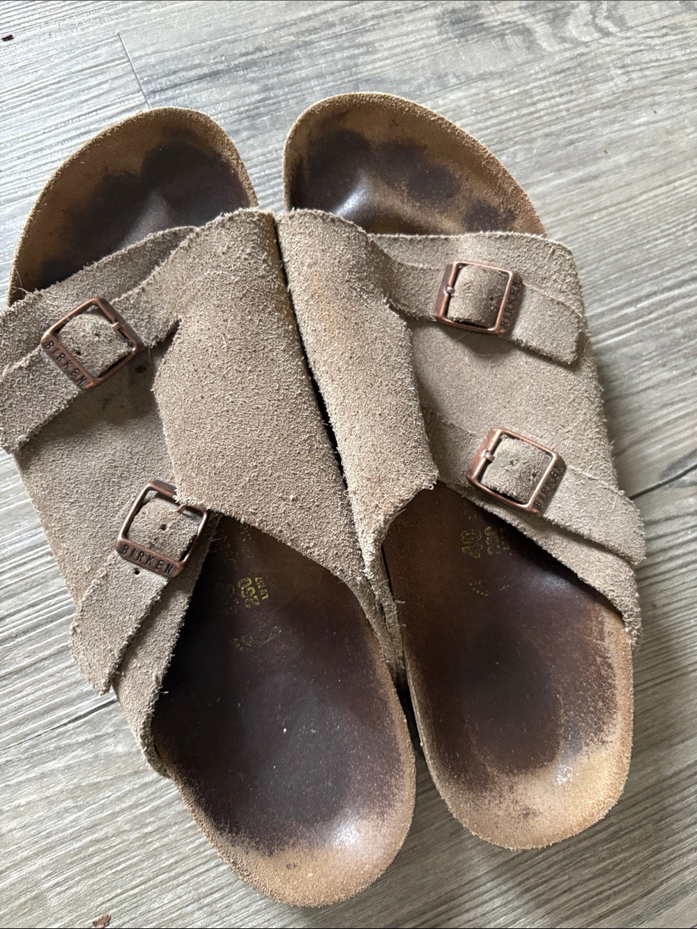 Birkenstock Zurich Suede Two-Strap Slide Sandals in Brown